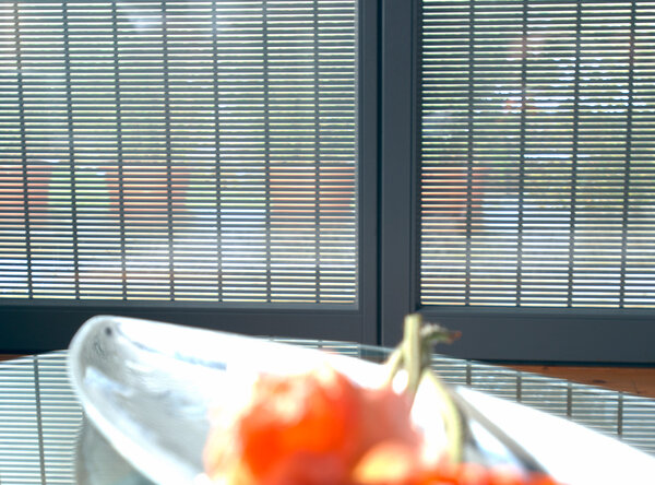 s_onro Rollläden vor der Glasfront eines Wohnzimmers, heruntergelassen mit transparentem Ausblick